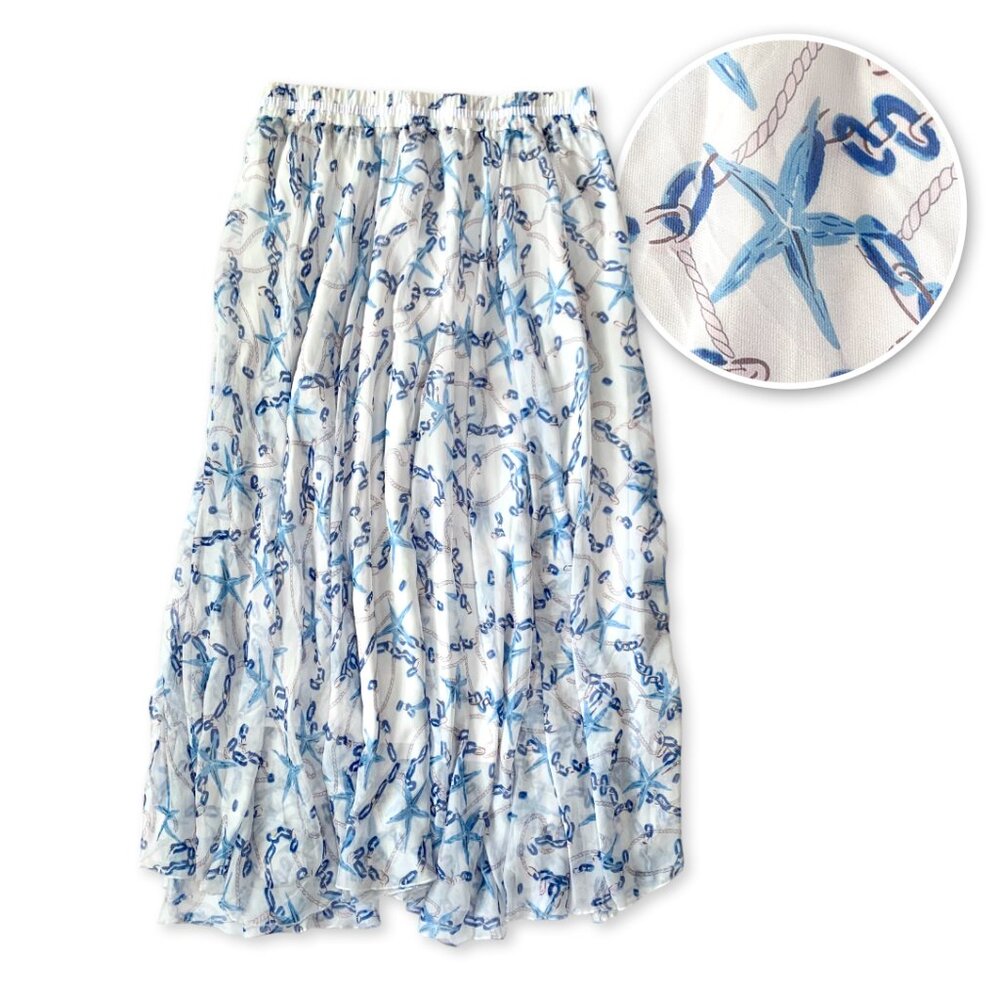 Nautical Long Maxi Skirt Starfish White Blue Fishermancore Coastal Grandma Boho